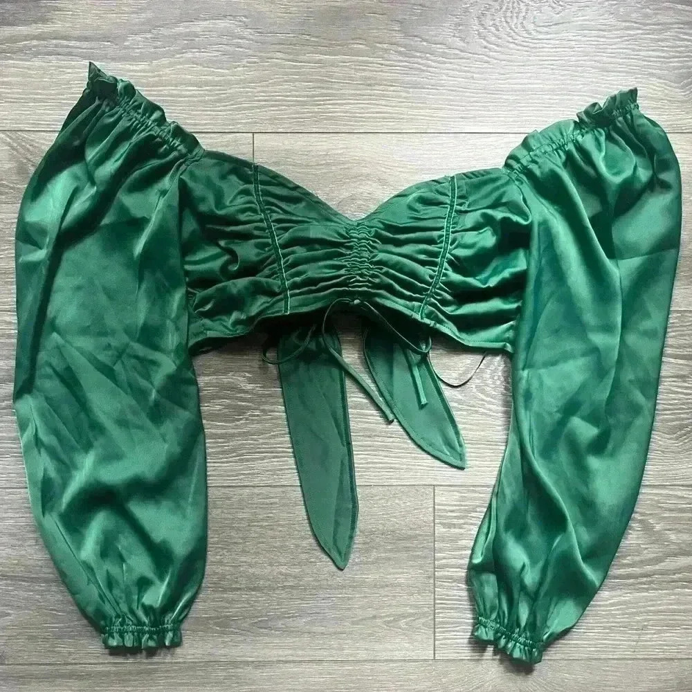 Urban Outfitters Green Satin Long Puff Sleeve Tie Back Crop Festival Top Size M